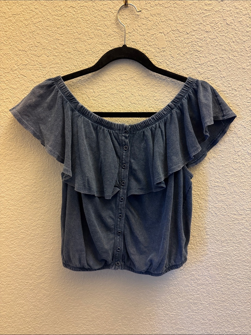 Free People Denim-Blue Off-Shoulder Ruffle Crop Top